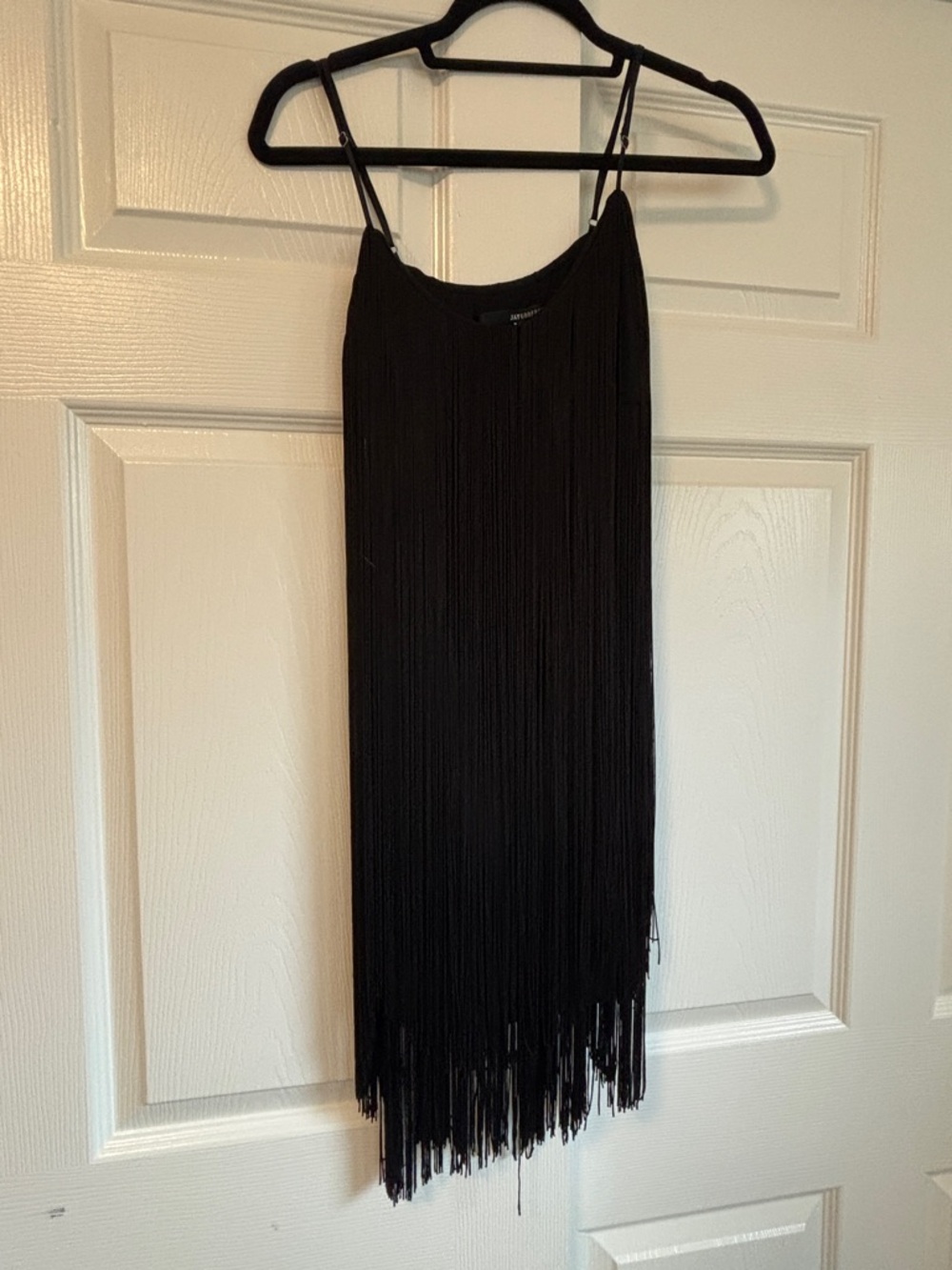 JAYGODFREY Black Ribbed V-Neck Dress with Fringe Trim